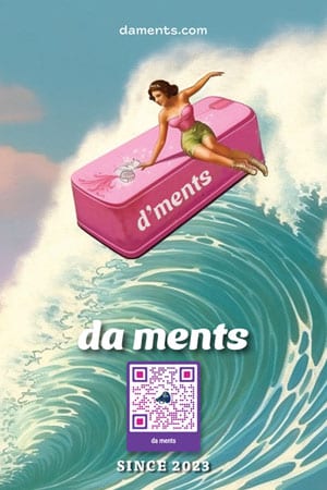 DaMents Brand Ad 50s woman surfing a big wave on a pinkmints tin